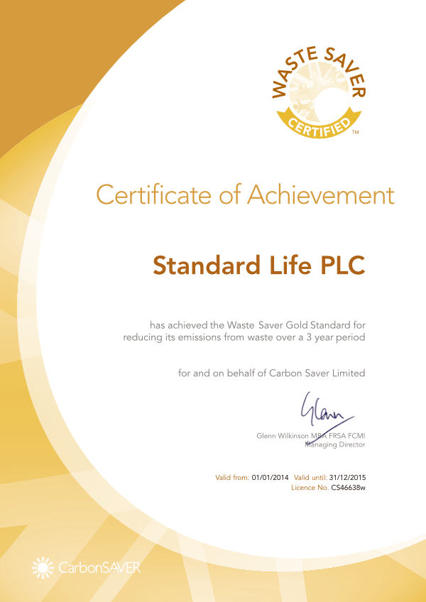 Standard Life Waste Saver GOLD Certificate